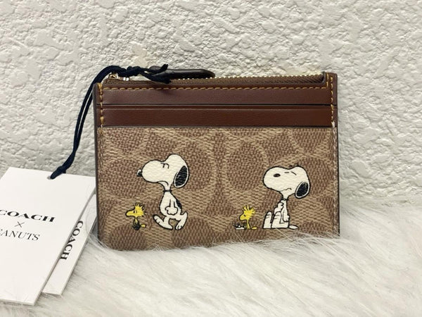 Coach x Peanuts CBT14 Mini Skinny ID Case Signature Canvas Snoopy Print NWT
